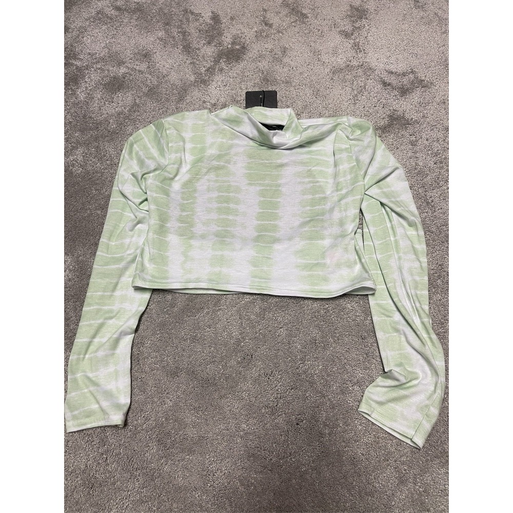 Women's Green Tie Dye Long Sleeve Mock Neck Crop Top Jersey Knit Shirt